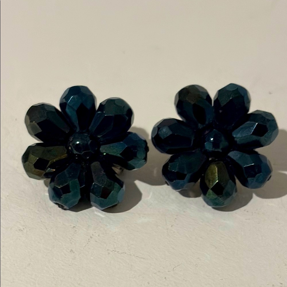 Vintage Iridescent Crystal Beads Clip-On Floral Earrings.